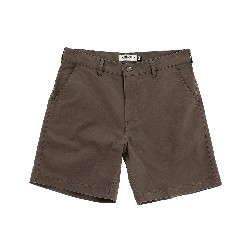 Tom Beckbes Reid Short, a pair of mid-rise chino shorts with a brass zip, front pockets, and belt loops, laid flat on white.