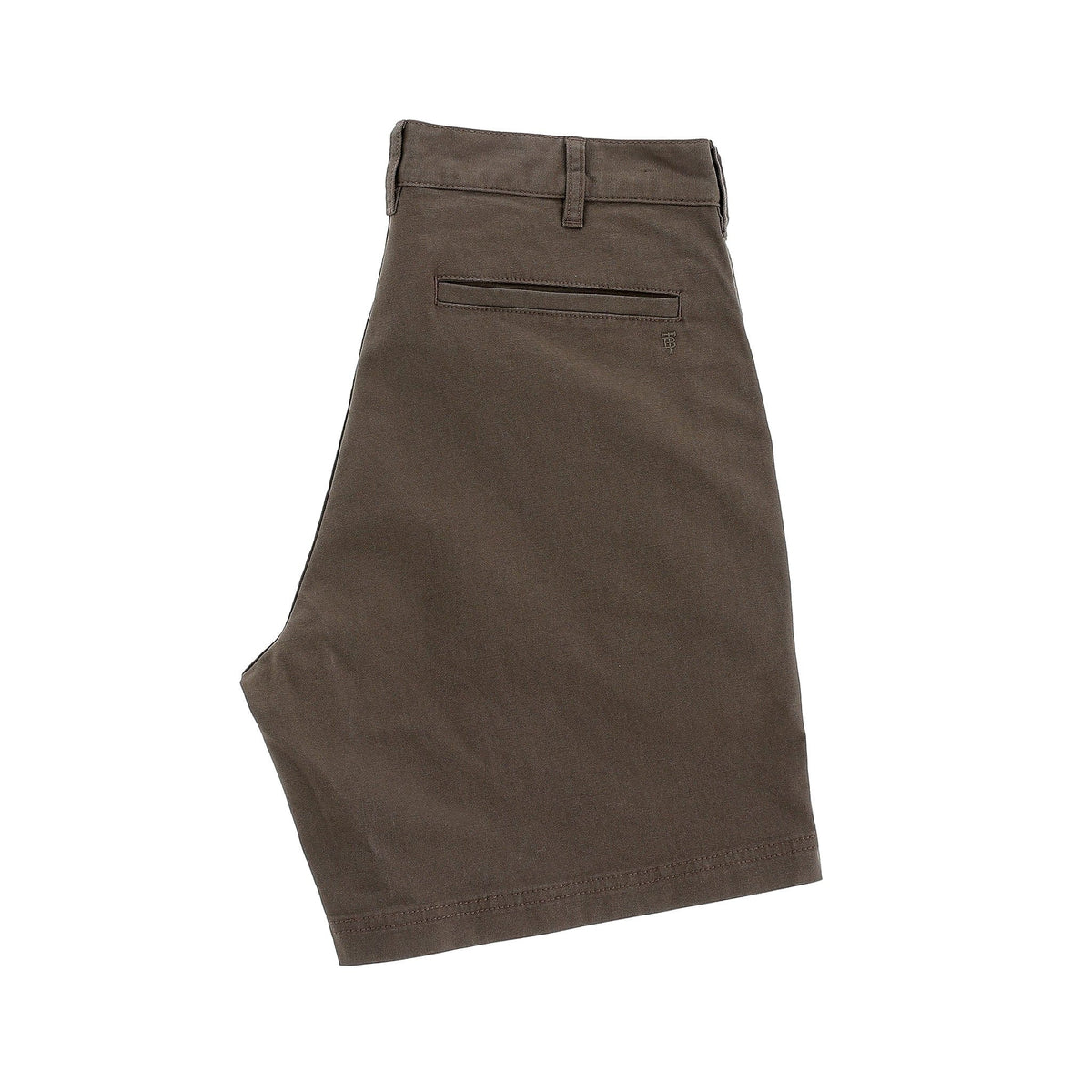 Tom Beckbes Reid Short: Brown mid-rise knee-length shorts with brass zip fly, back pocket, belt loops, clean stitching.