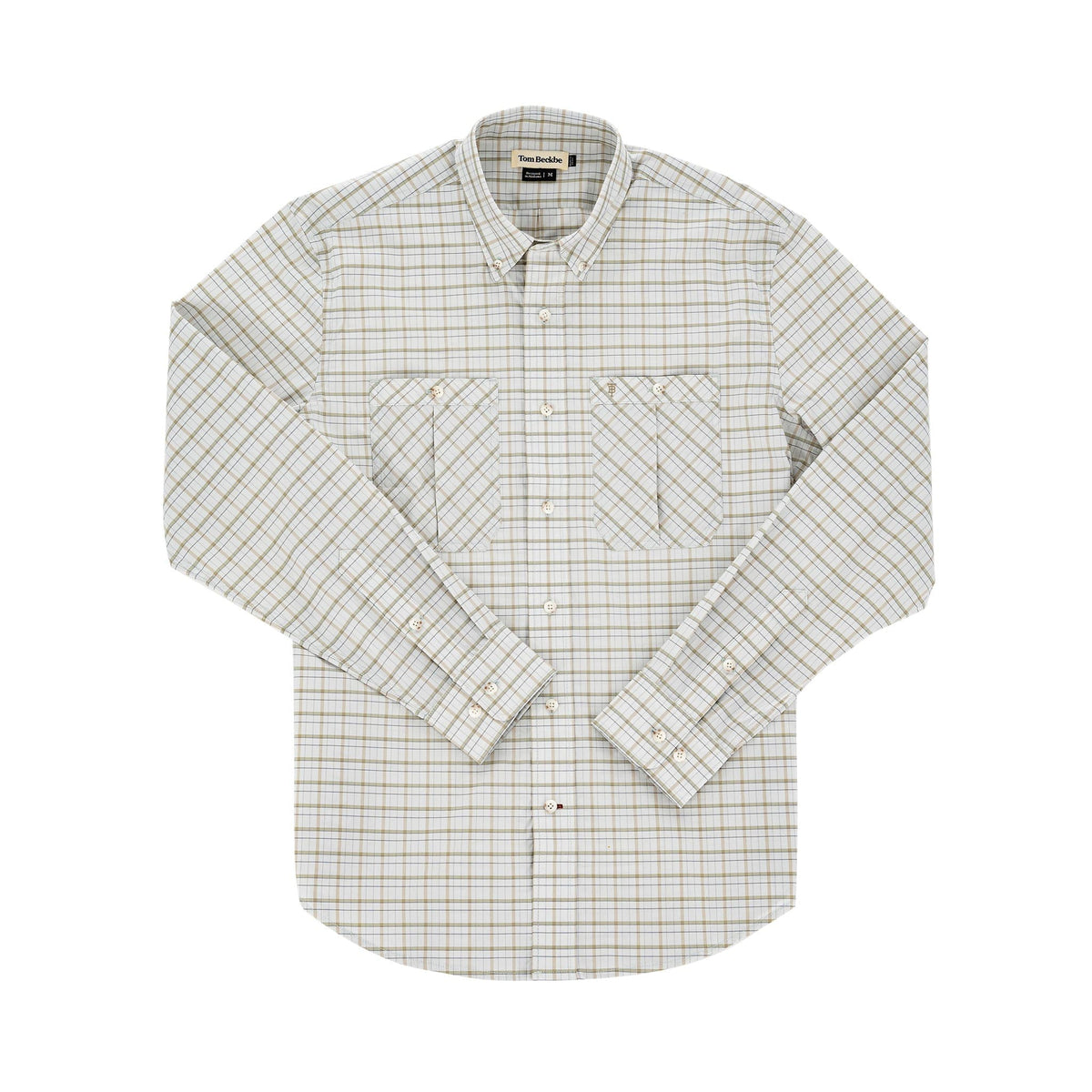 The Tom Beckbe Tidewater Shirt is a lightweight, white plaid long sleeve fishing shirt with two front pockets.