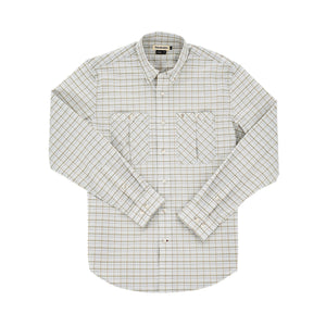The Tom Beckbe Tidewater Shirt is a lightweight, white plaid long sleeve fishing shirt with two front pockets.