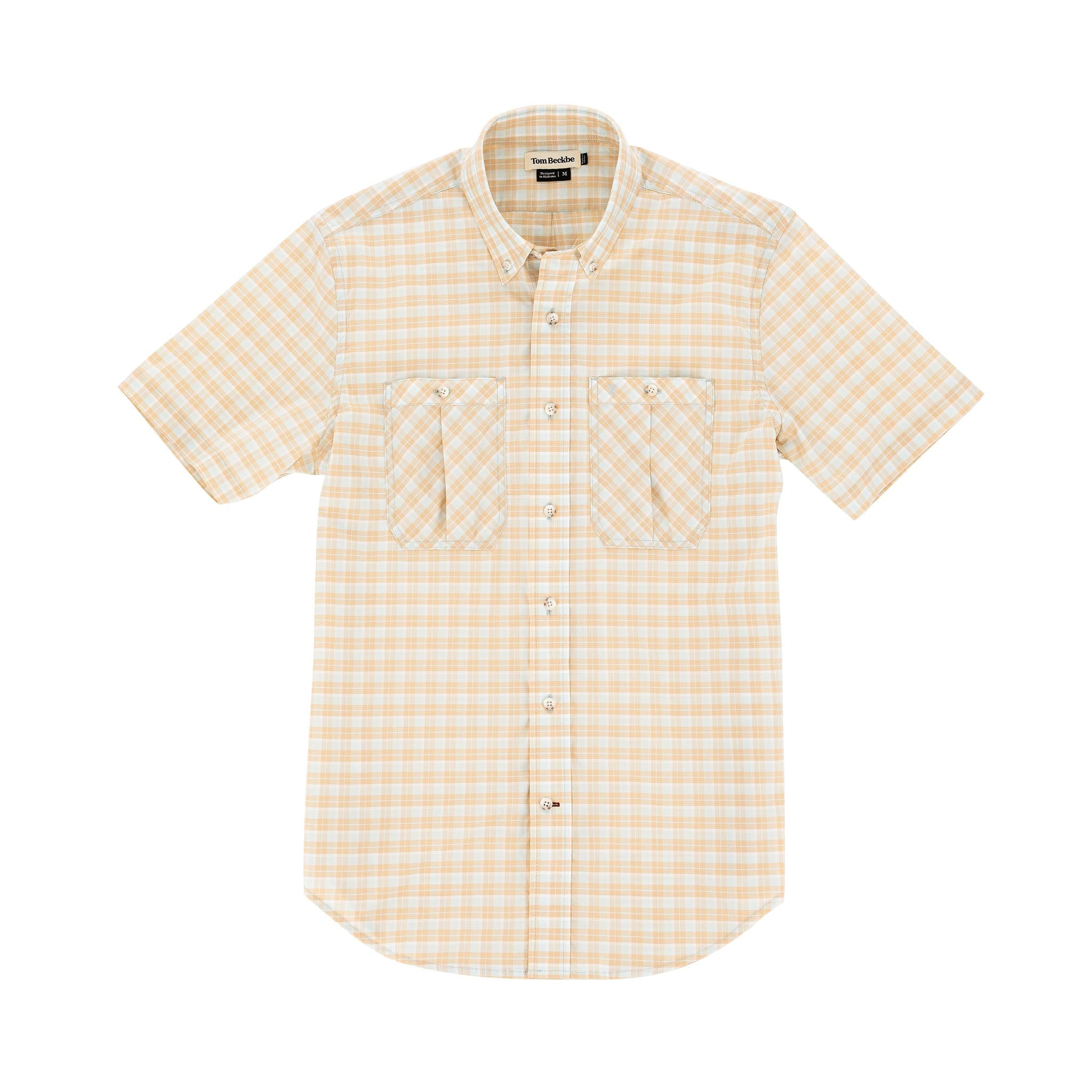 Tom Beckbes Tidewater Shirt features short sleeves, beige/white plaid, button-up front, dual chest pockets, and UPF 30+ coverage.