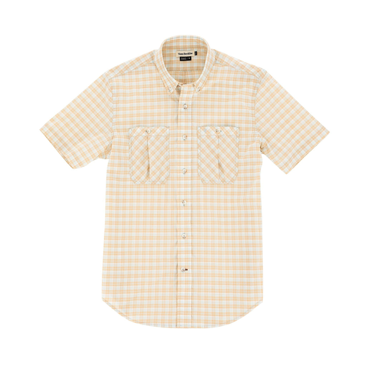 Tom Beckbes Tidewater Shirt features short sleeves, beige/white plaid, button-up front, dual chest pockets, and UPF 30+ coverage.