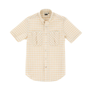 Tom Beckbes Tidewater Shirt features short sleeves, beige/white plaid, button-up front, dual chest pockets, and UPF 30+ coverage.