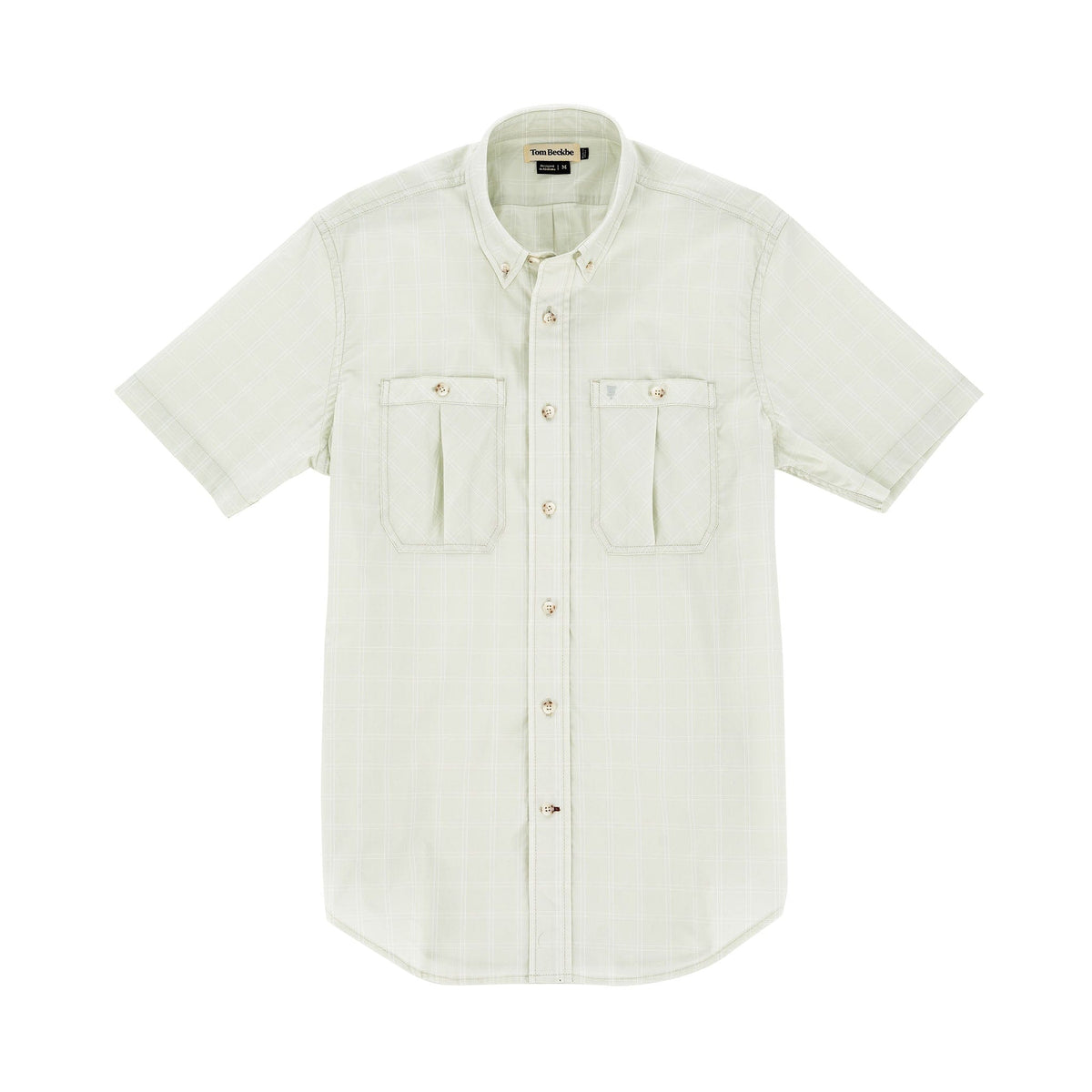 Tom Beckbes Tidewater Shirt features a light green, checkered pattern, UPF 30+, and two chest pockets on display.