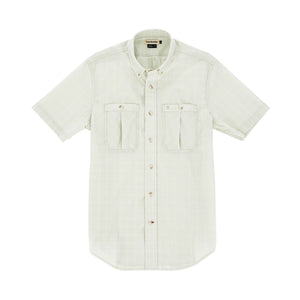 Tom Beckbes Tidewater Shirt features a light green, checkered pattern, UPF 30+, and two chest pockets on display.