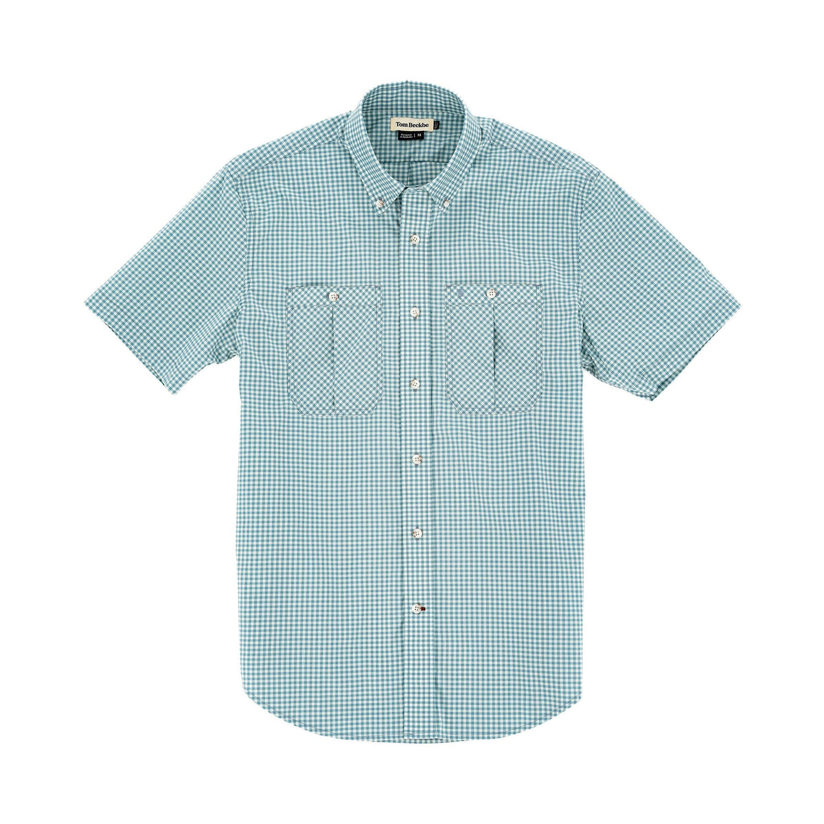 Light blue Tidewater Shirt by Tom Beckbe: short sleeves, UPF 30+, two chest pockets, gingham pattern on white background.