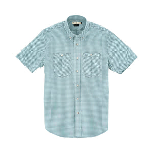 Light blue Tidewater Shirt by Tom Beckbe: short sleeves, UPF 30+, two chest pockets, gingham pattern on white background.