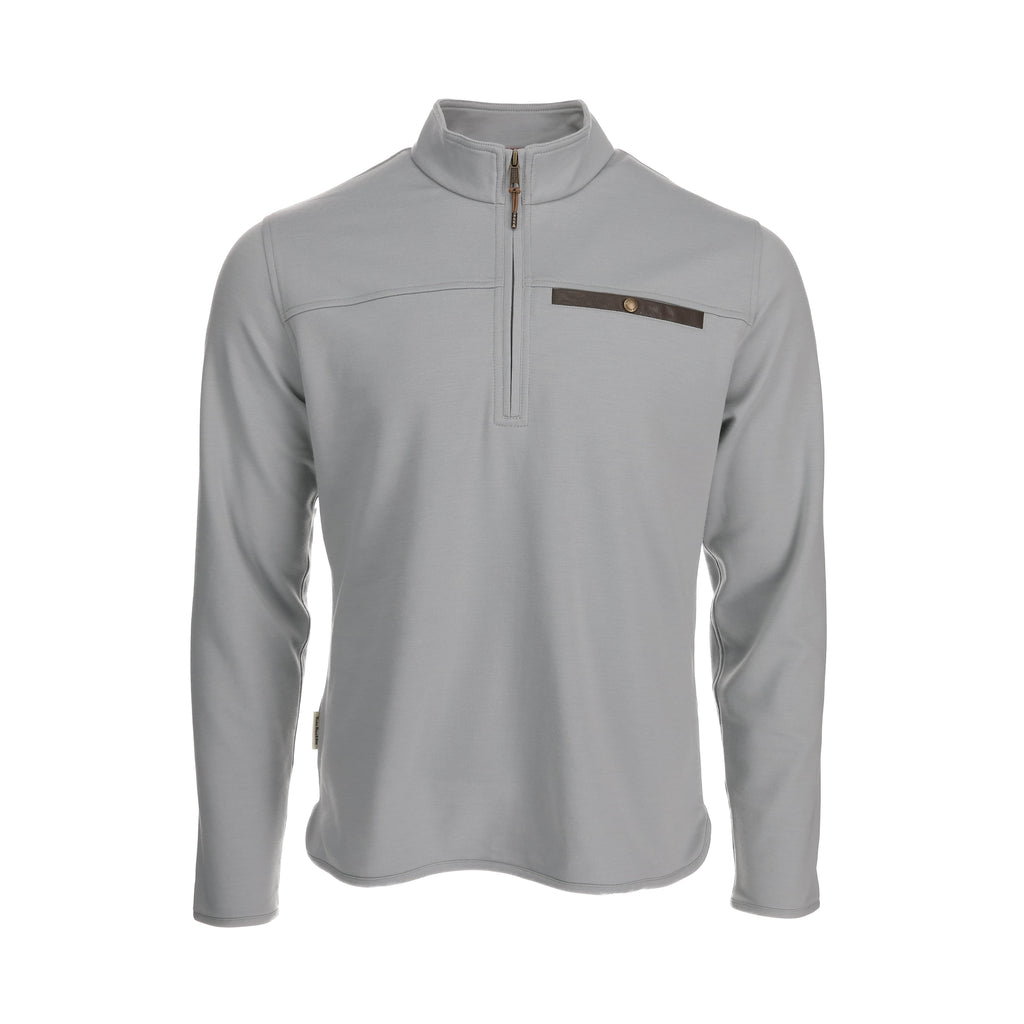 Light gray Tom Beckbe Tucker Fleece Quarter Zip pullover with high collar, front zipper, and black zip chest pocket.