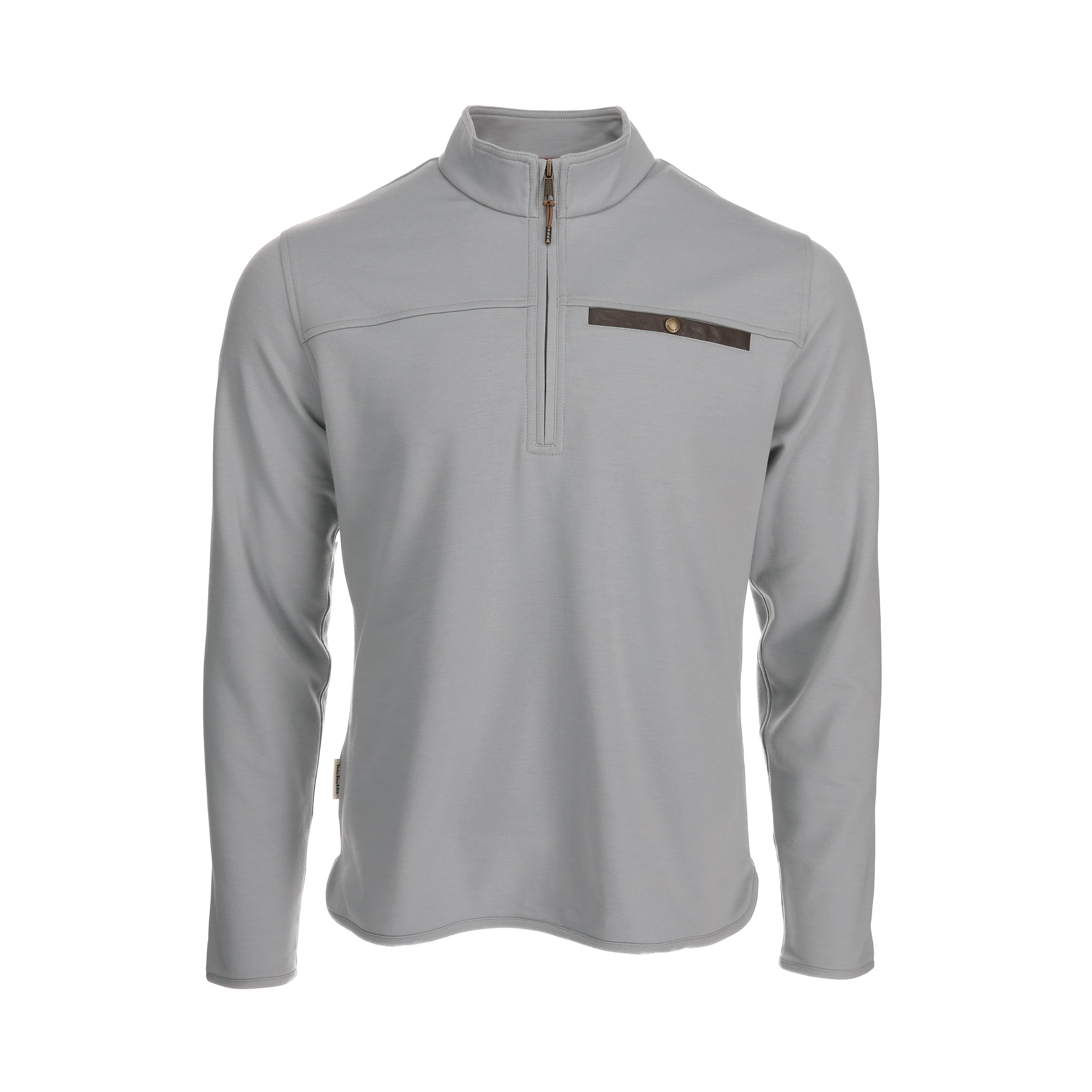 Light gray Tom Beckbe Tucker Fleece Quarter Zip pullover with high collar, front zipper, and black zip chest pocket.
