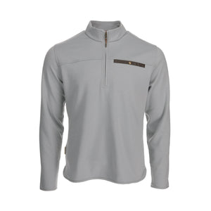 Light gray Tom Beckbe Tucker Fleece Quarter Zip pullover with high collar, front zipper, and black zip chest pocket.