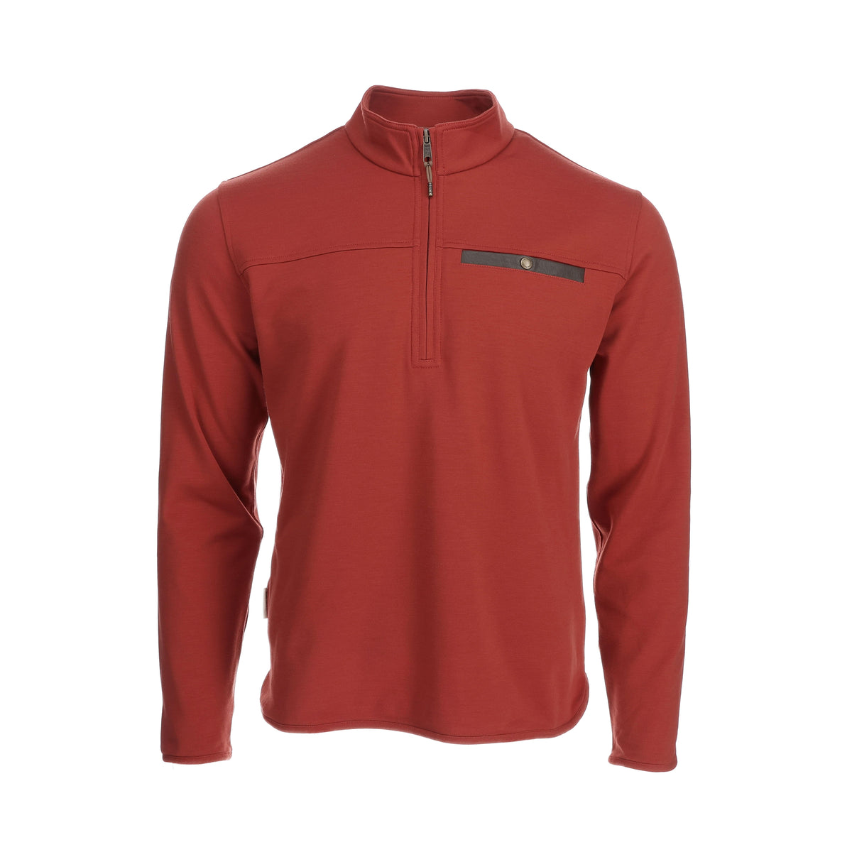 The mens Tucker Fleece Quarter Zip by Tom Beckbe in rust has a chest pocket, thermal insulation, and long sleeves.