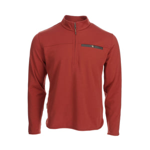 The mens Tucker Fleece Quarter Zip by Tom Beckbe in rust has a chest pocket, thermal insulation, and long sleeves.