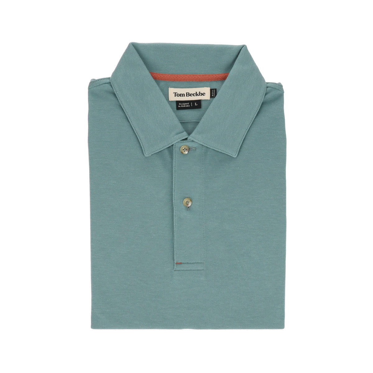 Coastal Polo Shirt by Tom Beckbe: green, featuring a label inside, buttoned placket, and pointed collar.