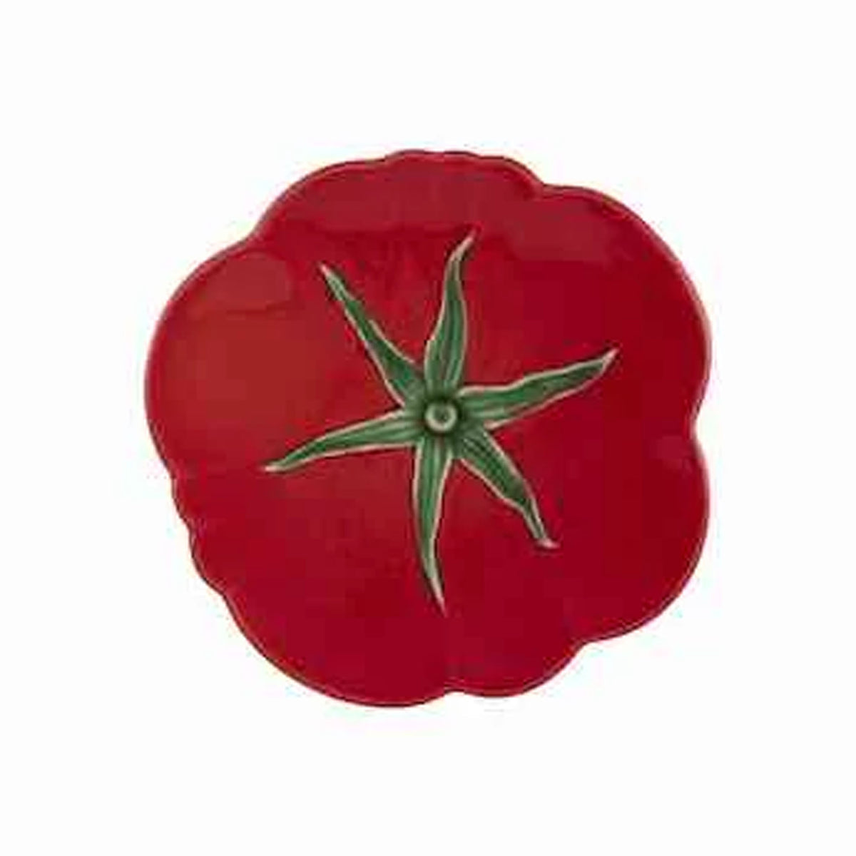 Top view of Tomato Bread and Butter Plate showcasing a red tomato shape and green stem detail with a white background