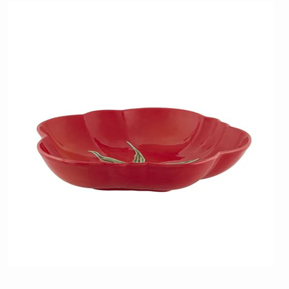 Front view of Tomato Pasta Plate showcasing red tomato-inspired shape and leaf detailing with a white background