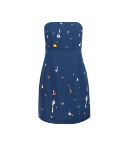 Front view of Tori Dress in Atelier Splatter Navy showcasing strapless mini silhouette and multicolor embellishment on white background