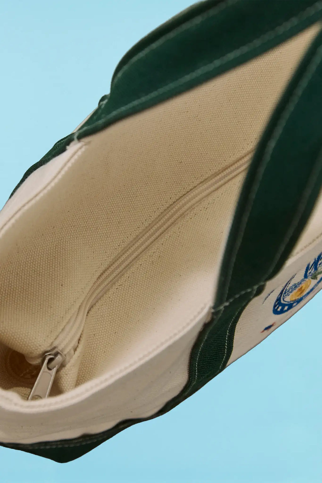 The medium canvas tote bag with green handles and fish motifs