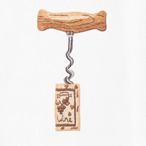 A close up detailed image of the embroidery - A silver corkscrew with a wooden handle twisted into a wine cork.