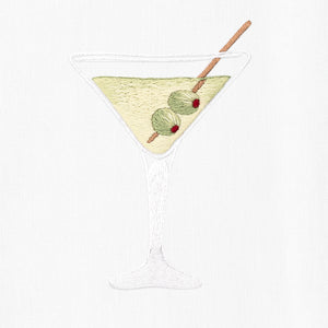 A close up detailed image of the embroidery - A dirty martini with two olives.