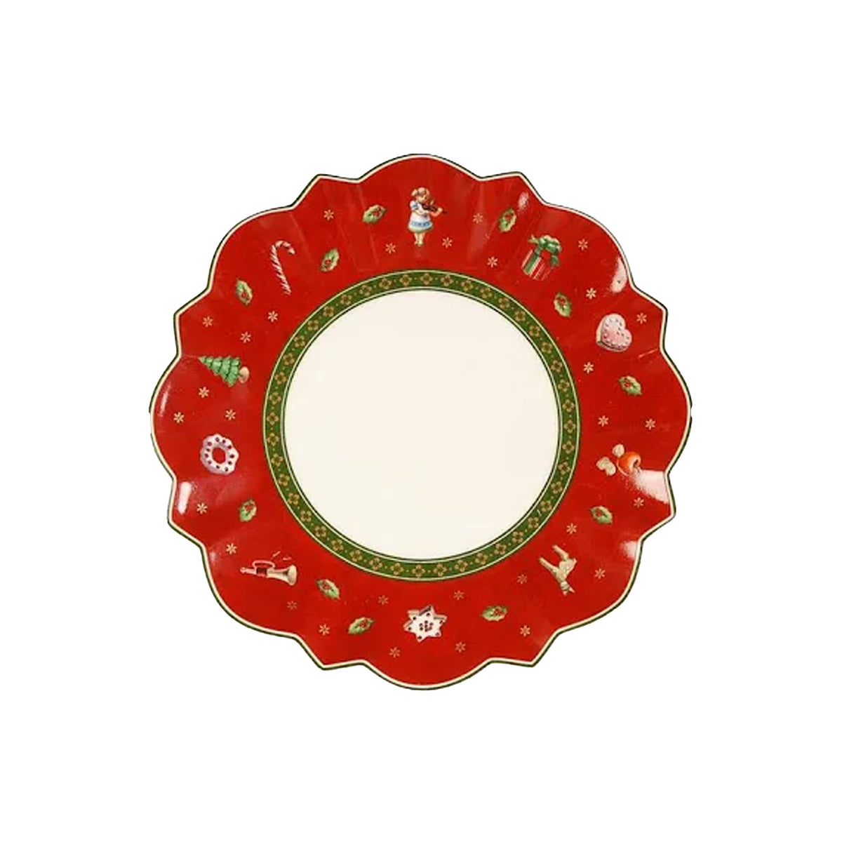 Top view of Toys Delight bread-and-butter plate with scalloped red holiday border, toy motifs, green inner band and white center on white background