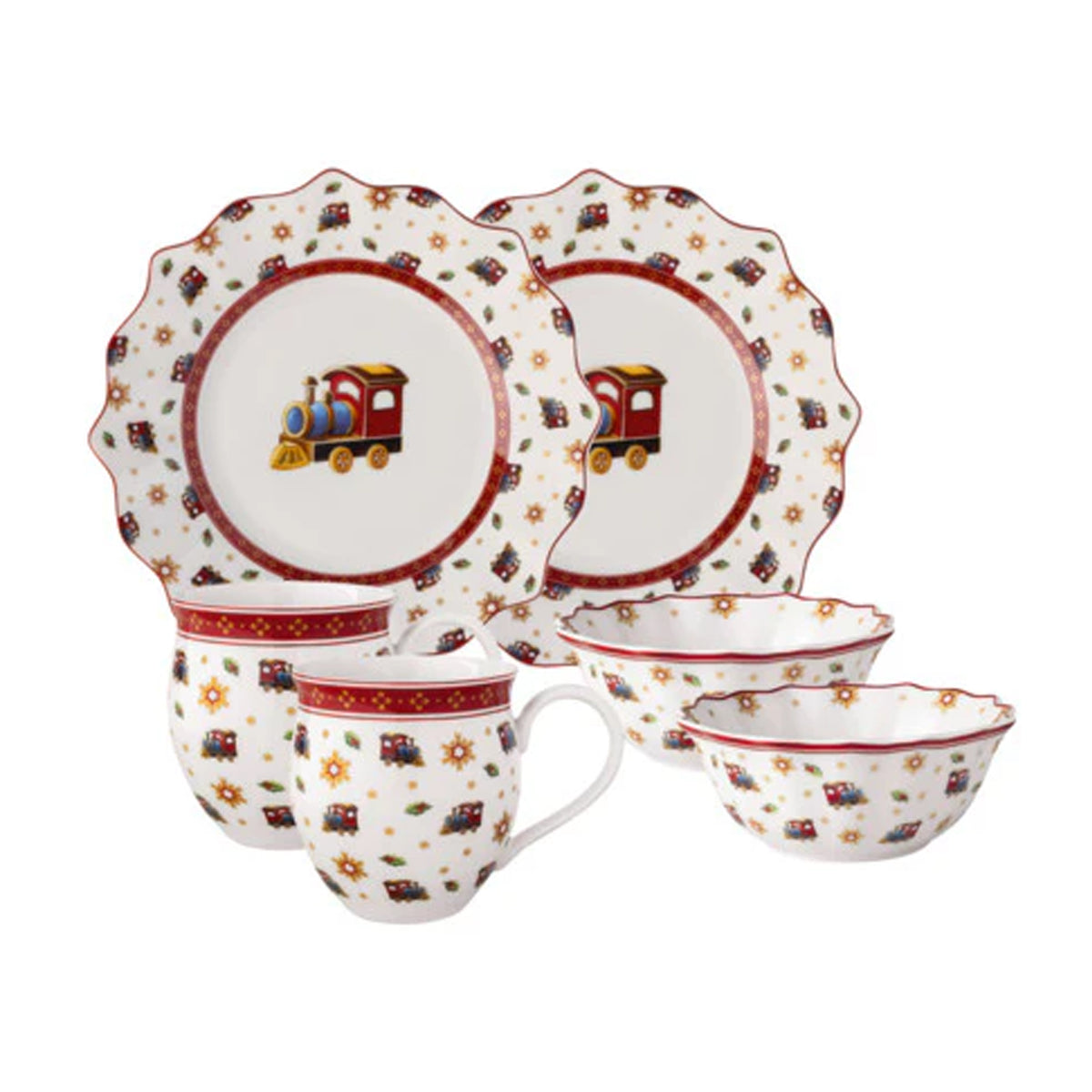 Front view of breakfast set for two with locomotive train motif, two plates, two mugs, two bowls on white background