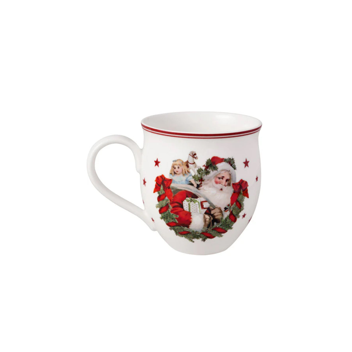 Front view of Toys Delight Cream Soup Cup showing Santa illustration with wreath motif and red rim on white background