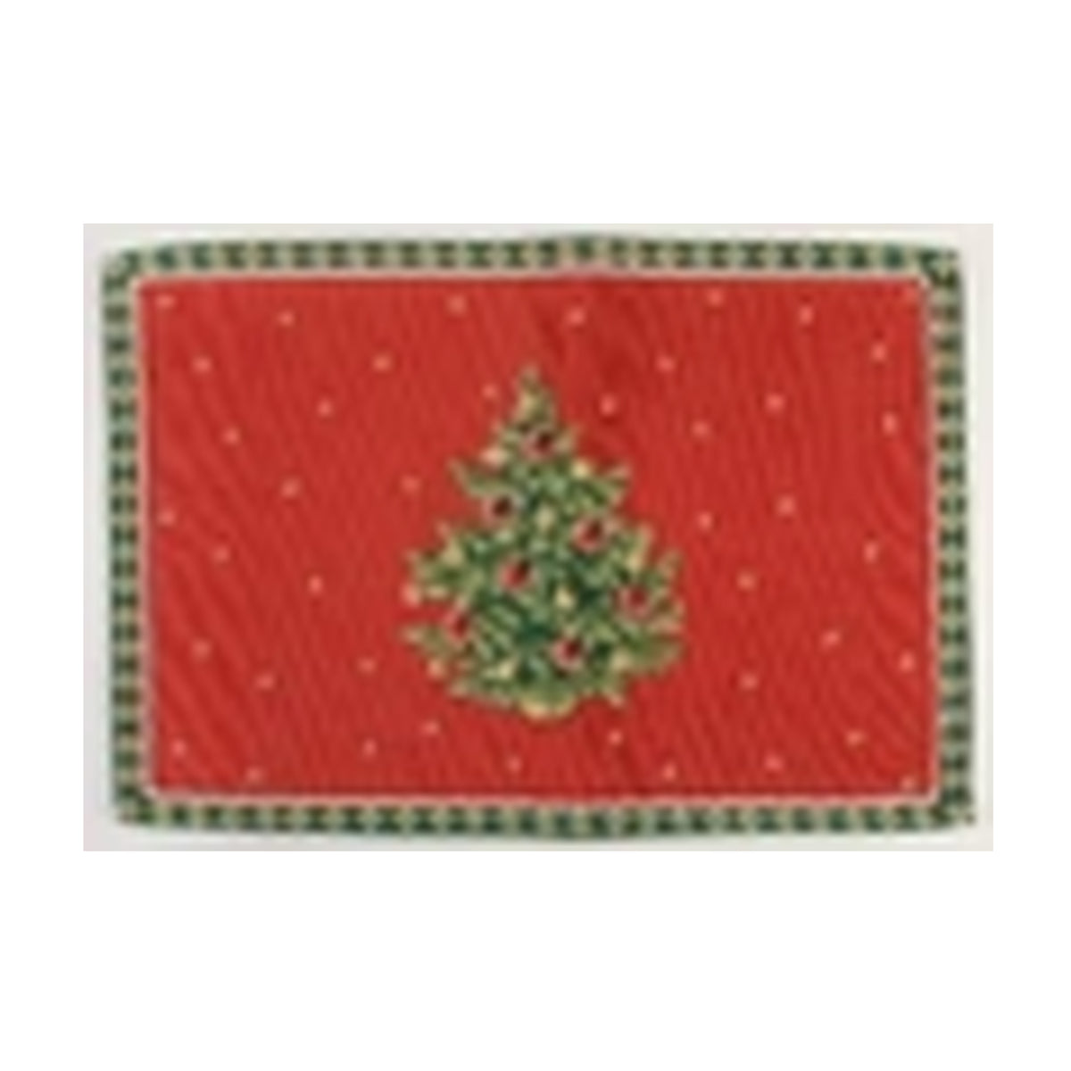 Top view of Toys Delight Gobelin placemat showcasing a woven Christmas tree motif on red background with green checked border