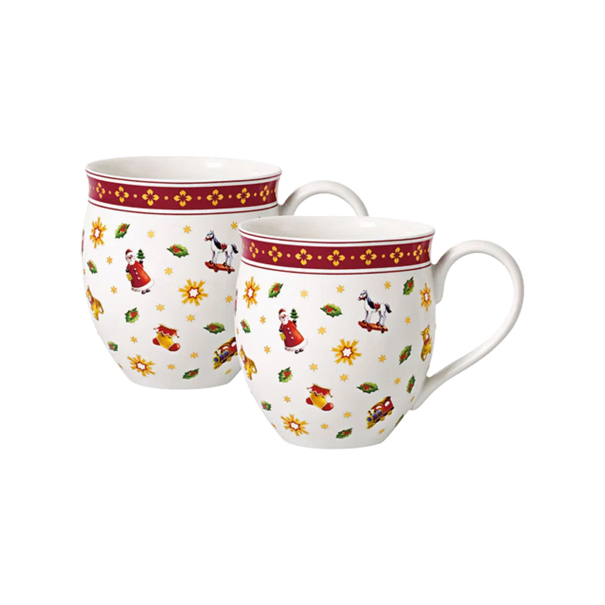 Front view of Toys Delight set of two porcelain mugs showcasing holiday toy illustrations and a red decorative rim on white background