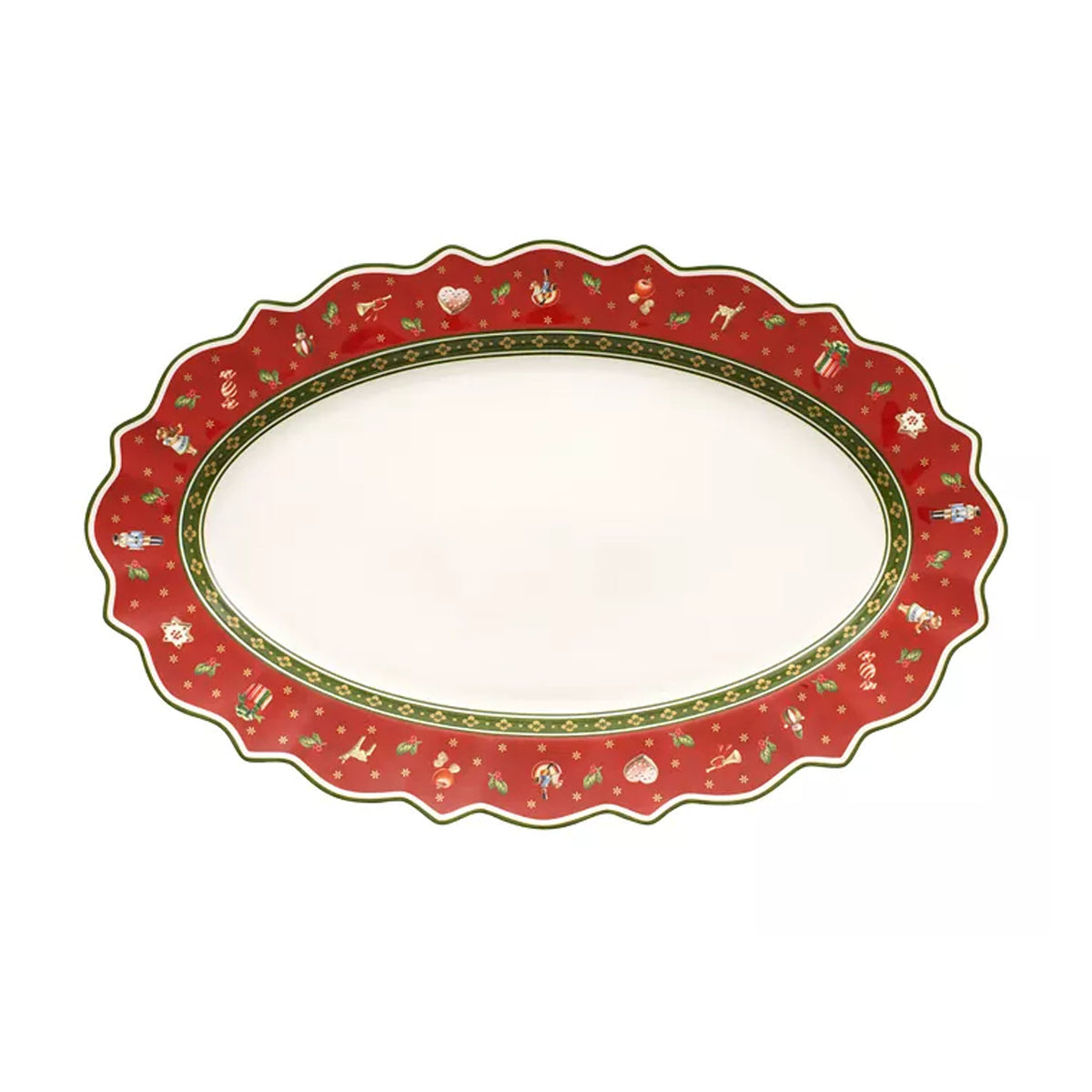 Top view of Toys Delight oval platter showcasing scalloped red holiday rim with small festive motifs on white porcelain