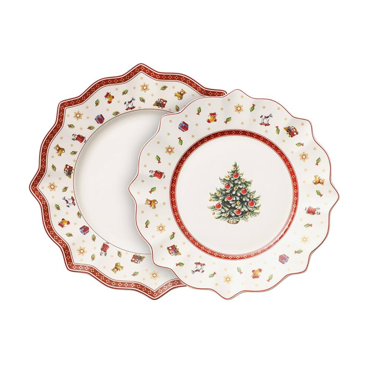 Top view of Toys Delight 8-piece porcelain plate set showing scalloped rims and Christmas tree and toy illustrations on a white background