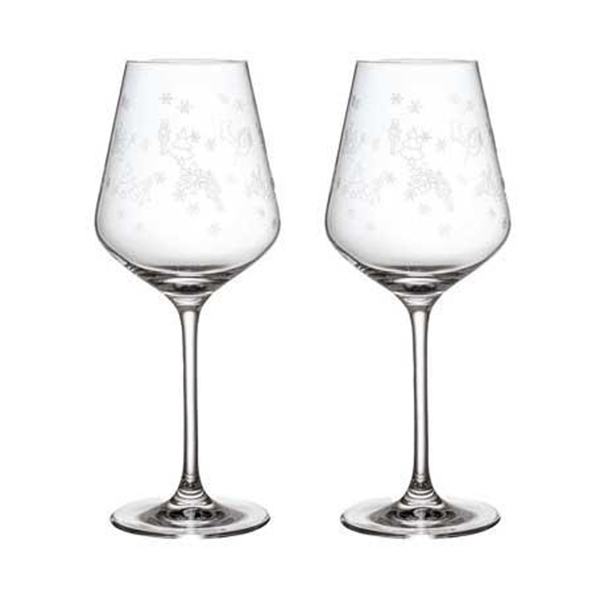 Front view of two clear red wine goblets with long stems and subtle etched snowflake pattern on a white background
