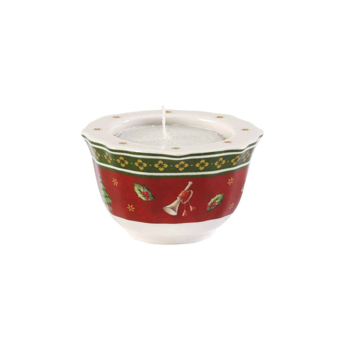 Front of Toys Delight tealight holder showcasing red holiday band with holly and bell motifs on white background