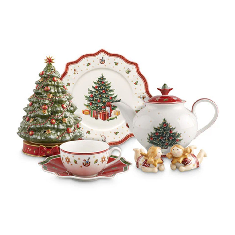 Front of Toys Delight porcelain Christmas tree music box with teapot, cup, saucer and two angel figurines on white