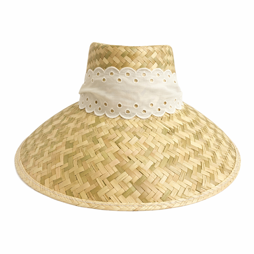 Amaryllis Sun Hat With Antique Eyelet Scalloped Lace Ribbon