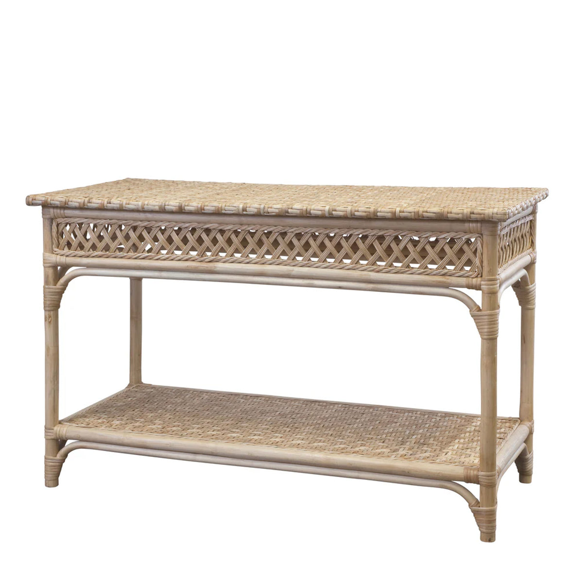 Front view of Trellis Console showcasing woven trellis rattan top and lower shelf in natural wicker on white background