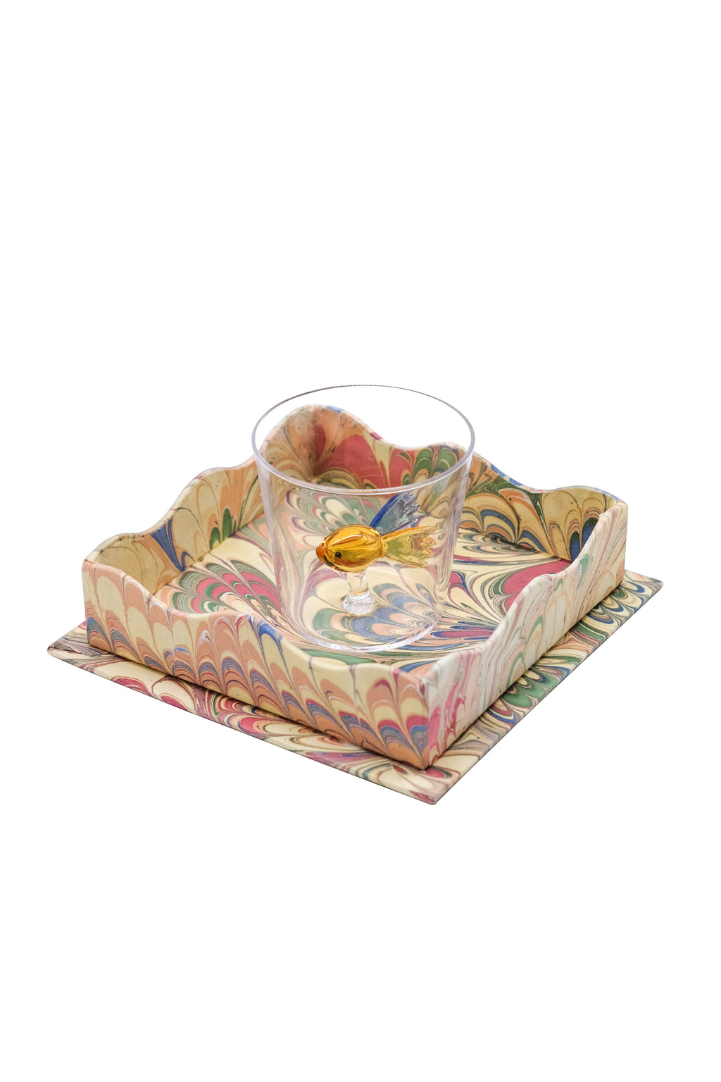Nesting Scalloped Hand-Marbled Trays in Multicolor