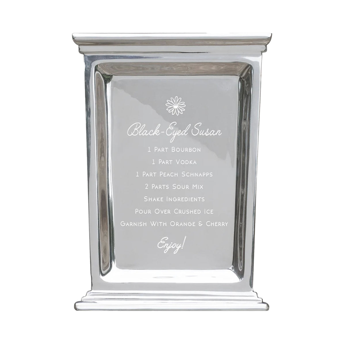 Front view of Triple Crown tray showcasing engraved Black-Eyed Susan cocktail recipe on reflective cast-aluminum surface with white background