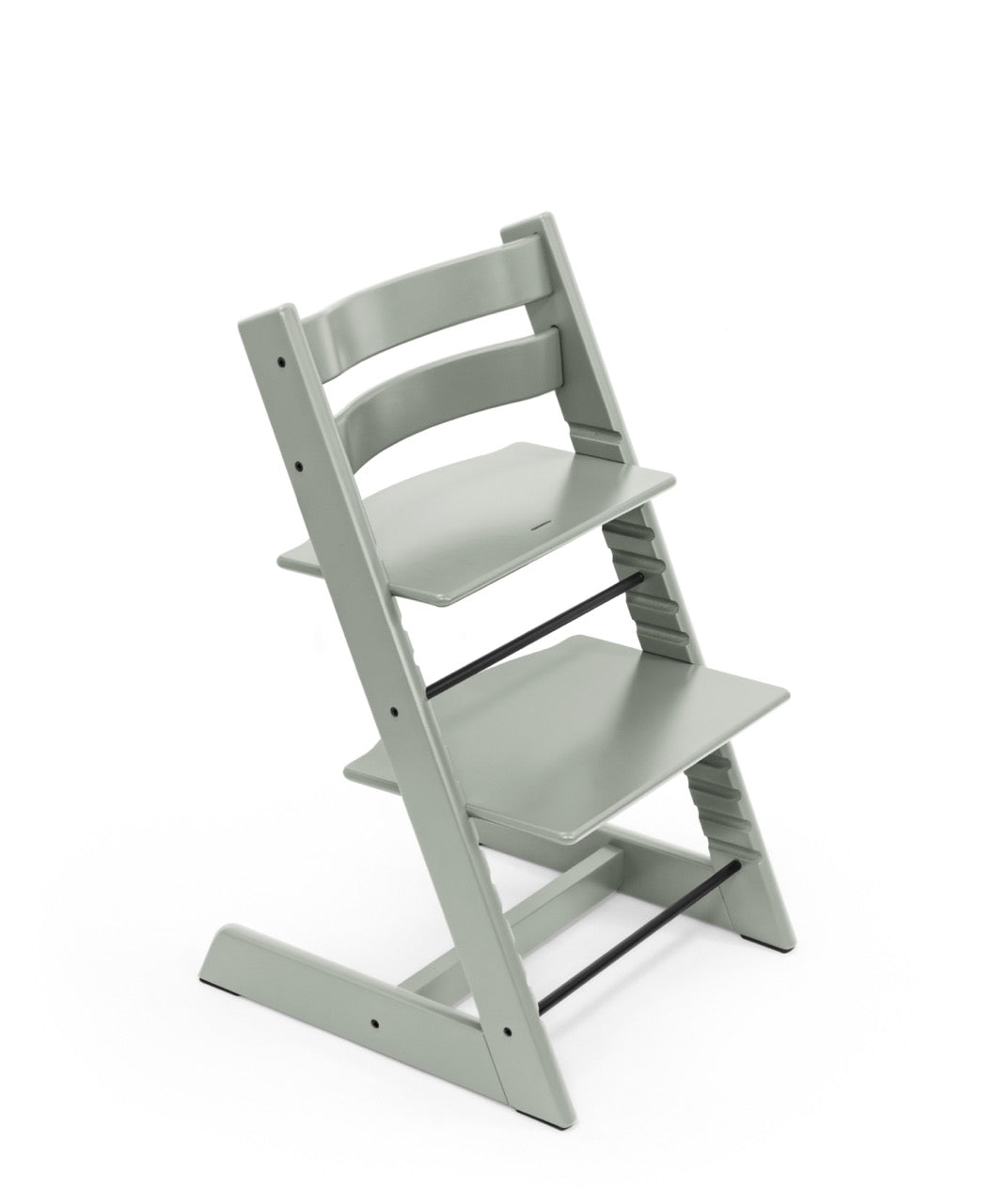 Three-quarter view of Tripp Trapp High Chair 2 in Glacier Green showing adjustable seat and footplate on white background