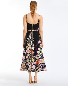 Tropez Convertible™ Midi Dress in Twilight Florals back – reversible fit-and-flare cocktail midi dress with straight-across neckline, adjustable straps, and full separating zipper by Mestiza New York.