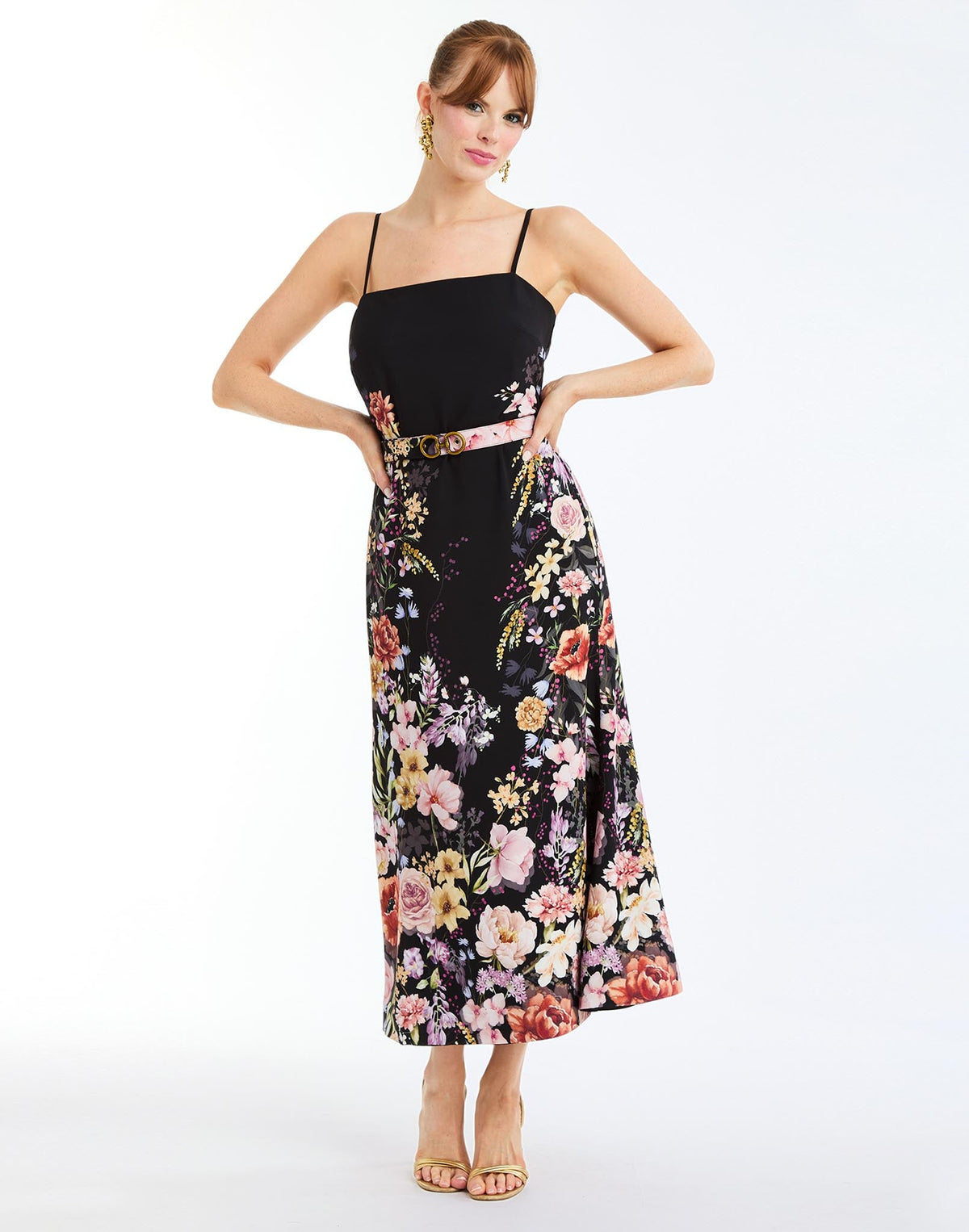 Tropez Convertible™ Midi Dress in Twilight Florals front – reversible fit-and-flare cocktail midi dress with straight-across neckline, adjustable straps, and full separating zipper by Mestiza New York.