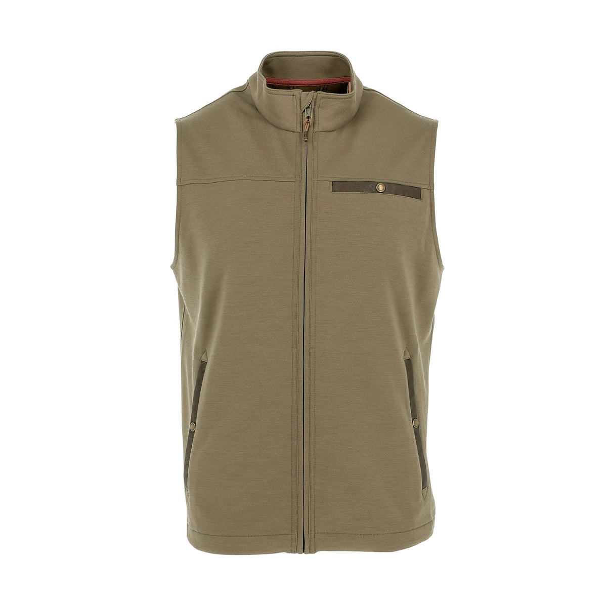 Tom Beckbe Tucker Fleece Vest in Bronze Green with stand collar, front pockets, and a buttoned chest pocket.