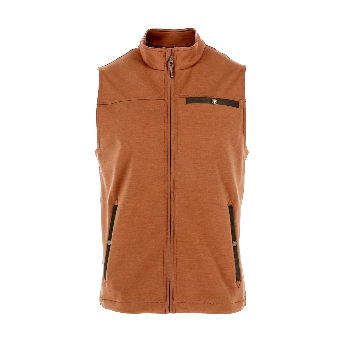 Tom Beckbe Tucker Fleece Vest in Clay: sleeveless zip-front mens vest with two zip pockets and a buttoned chest pocket.
