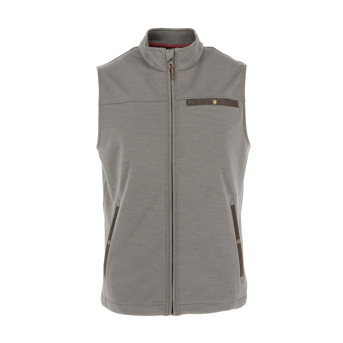 The Tom Beckbe Tucker Fleece Vest in Greystone has a zip front and pockets, shown on a white background.