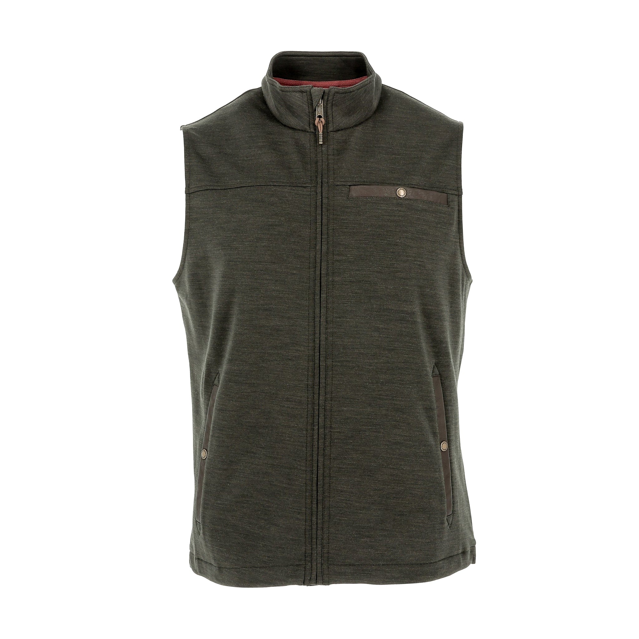 Tom Beckbe Tucker Fleece Vest in peat green with high collar, three buttoned pockets, shown on a white background.