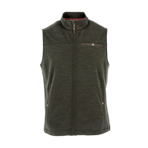 Tom Beckbe Tucker Fleece Vest in peat green with high collar, three buttoned pockets, shown on a white background.