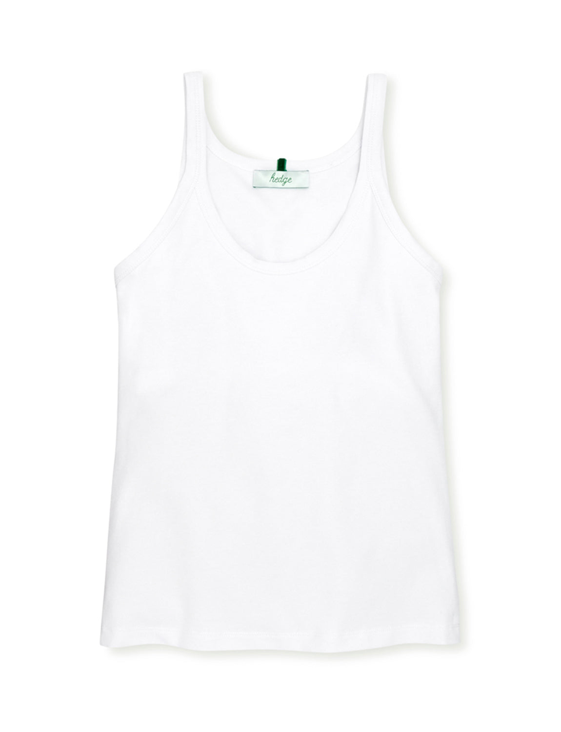 Front view of Tucker Tank in white showing scoop neckline and narrow straps on a white background