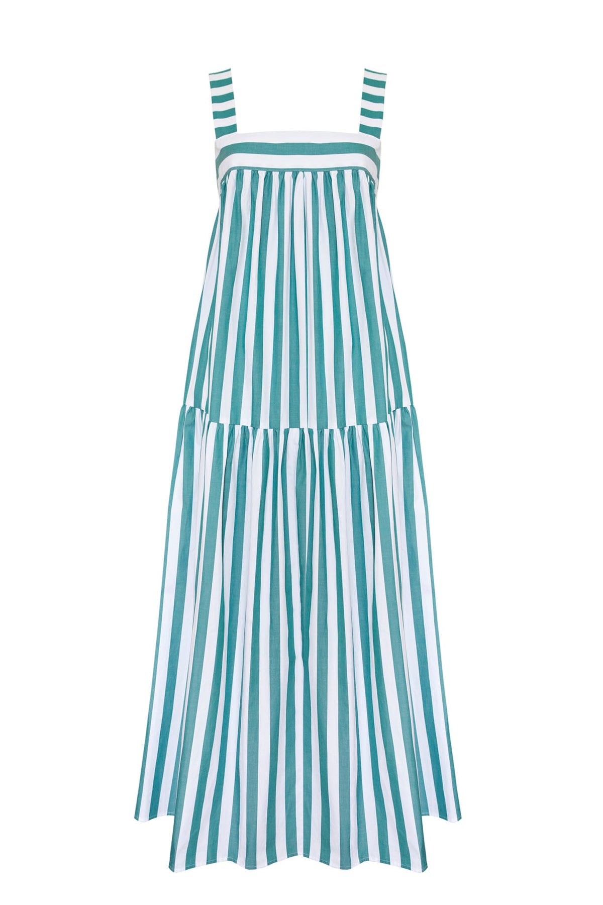 The Tula striped maxi has a square neckline, side seam pockets, a tie back closure and tiers.