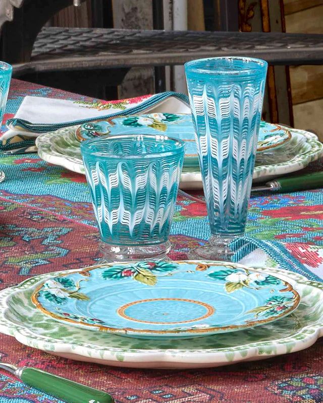 Front view of D’Ascoli Donatello Flute Glasses in Turquoise, set of 6, showcasing vivid paisley patterns