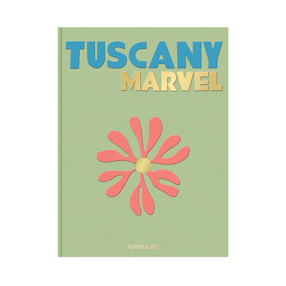 Front cover of Tuscany Marvel hardback book showing a pale green cover with large blue and gold title and a pink daisy illustration