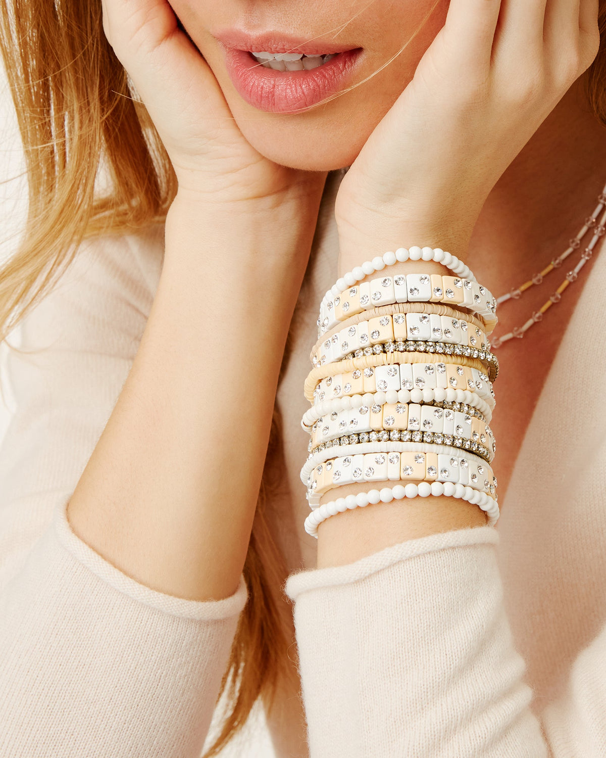 Roxanne Assoulin Flash Dance Cream Bracelet Bunch and Twinkle Twinkle bracelet on model